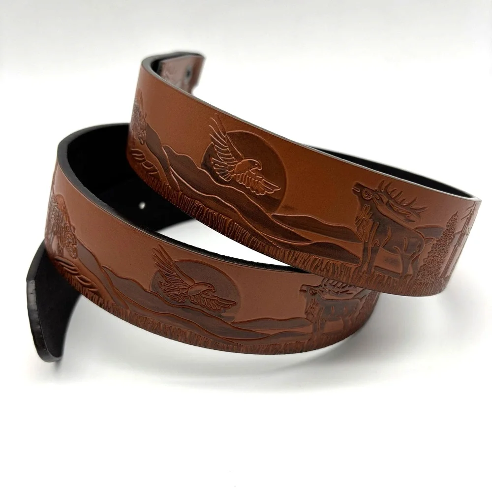 NEW Brown Faux Leather Woodland Animals Scene Tooled Western Belt 31-39